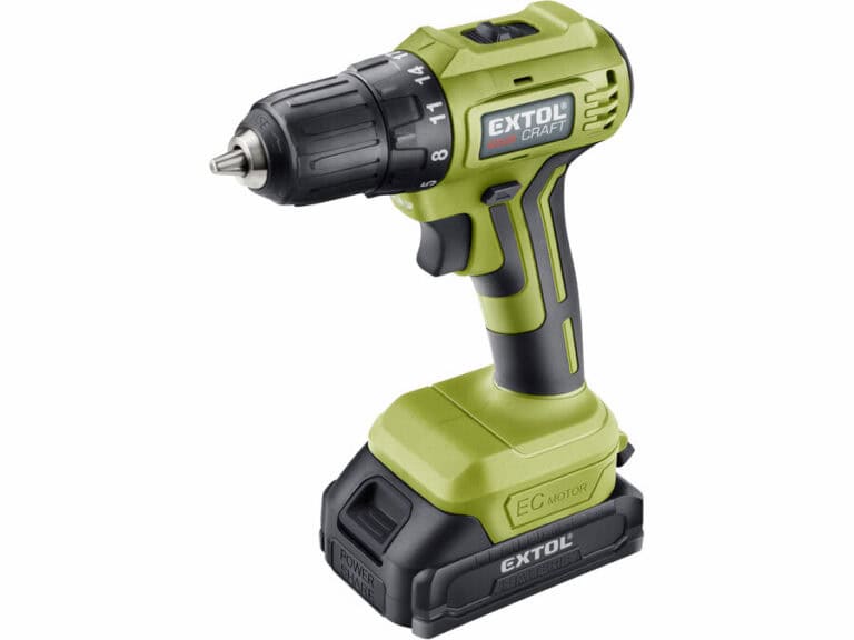 A green/black cordless drill "BRUSHLESS" with 20V Li-ion battery and two 2Ah cells.