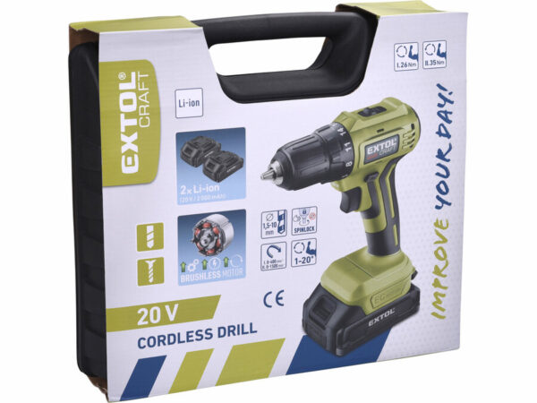 Yeşil/siyah "Extol Craft" akülü matkap (BRUSHLESS EC motor, değişken hız), 20V Li-ion, 2×2Ah içerir.