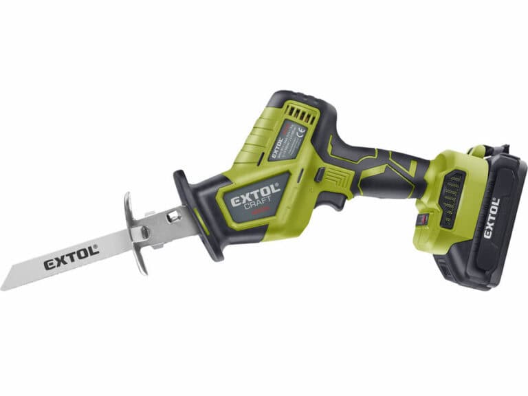 Gümüş bıçaklı ve 20V Li-ion pil takımlı, yeşil/siyah Extol Craft akülü kuyruk testeresi, FIRÇASIZ.