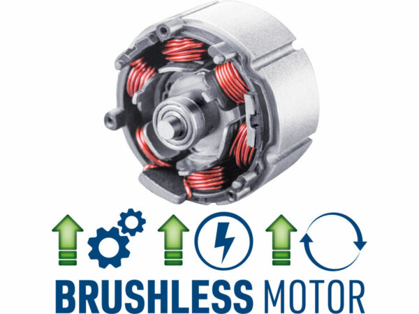 Illustration einer kabellosen Schweifsäge mit bürstenlosem Motor, mit Zahnrädern und Pfeilen, die eine verbesserte Leistung und Effizienz anzeigen.