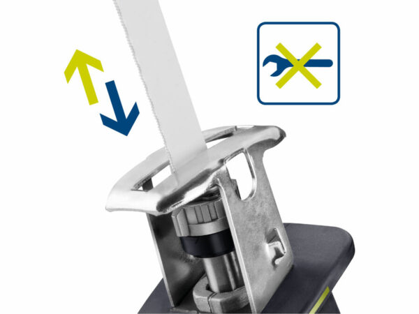Einhand-Akku-Schwanzsäge 20V: bürstenlos, 2Ah. Nahaufnahme des Sägeblatts mit Bewegungspfeilen und Symbol für werkzeuglose Einstellung.