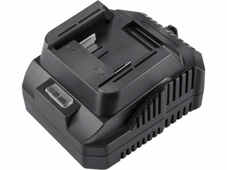 Li-ion Charger 20V, 2A: Black rectangular charger for rechargeable batteries with slot & front indicator light.