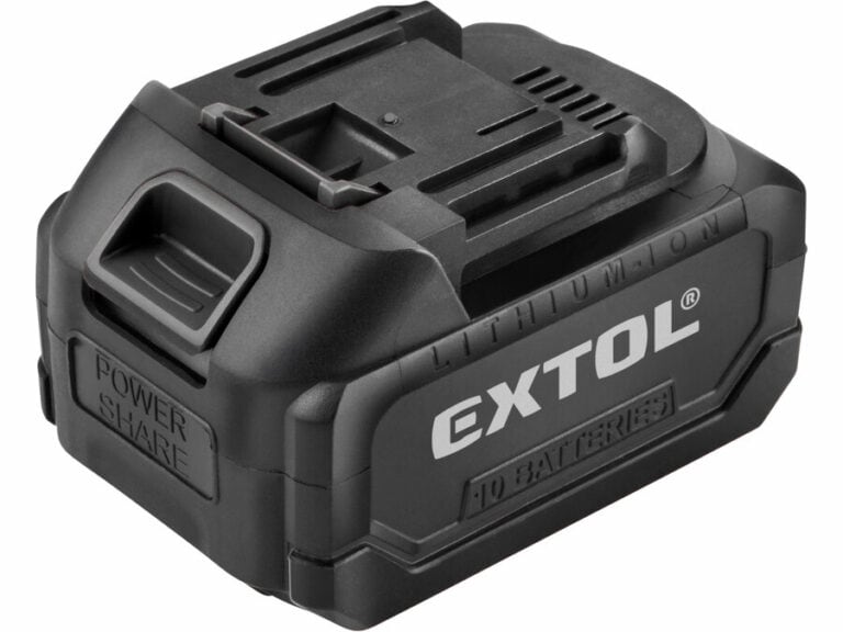 A black 20V Li-ion cordless battery pack, 4Ah, with "EXTOL" logo and "POWER SHARE" label.