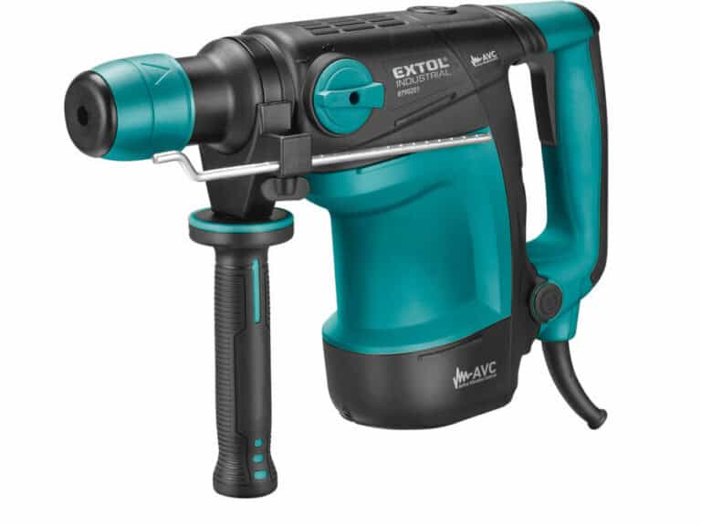 Teal/black power drill "Drilling Hammer" with side handle & cord, SDS plus, 7J, anti-vibration system.