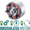 Illustration of cordless sheet metal shears SHARE20V: visible coils/gears, arrow/gear/lightning icons. Text: "Brushless Motor.