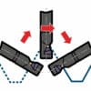 Diagram of the SHARE20V Cordless Shears with three positions and red arrows showing efficient side-to-side cutting.