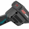 Close-up of a black and teal 20V cordless tool handle with vents, red "20V" on its battery pack, for Sheet Metal Shears.