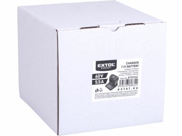 Una caja "EXTOL Energy" con un cargador de 60V/5,5A para baterías de 4Ah y 8Ah.