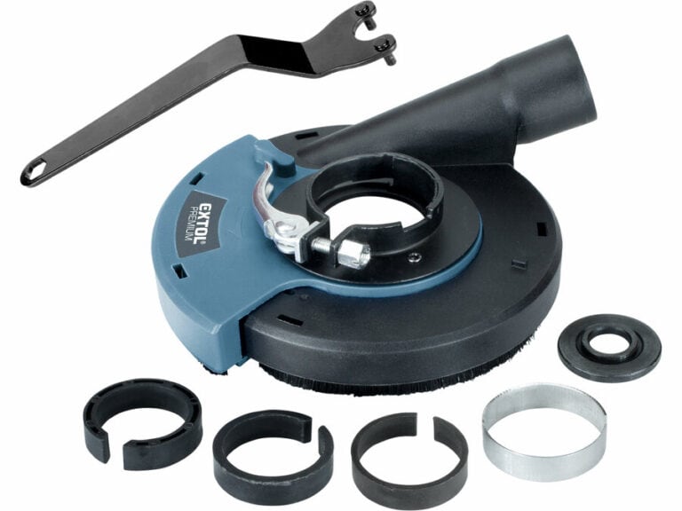 Displayed is a blue and black 125mm sanding extraction cover for angle grinders, with brush rim, attachments, clamps, and a wrench.