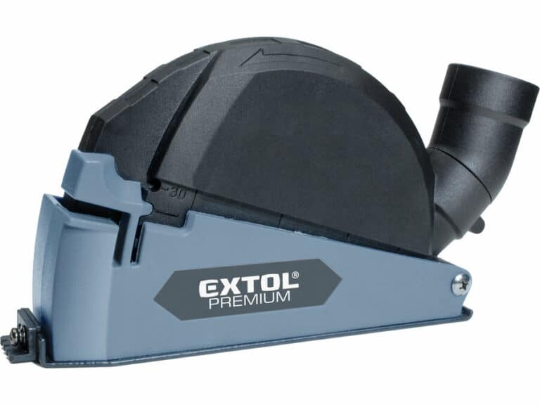 Extol Premium black/gray suction cover for 115/125mm angle grinders, includes protective case & dust nozzle.