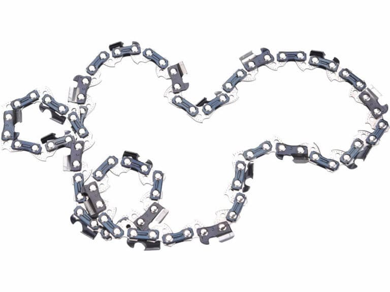 A silver and black chainsaw chain arranged in a zigzag on a white background.