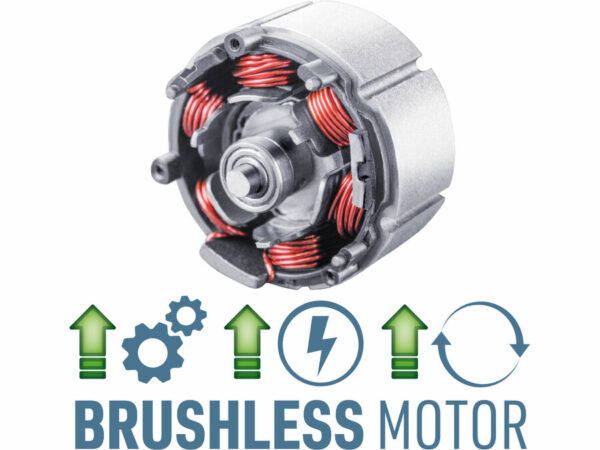 Imagen de una motosierra inalámbrica con motor sin escobillas; incluye engranajes, flechas hacia arriba y un símbolo eléctrico. Texto: "Motosierra sin cable SHARE20V, BRUSHLESS.