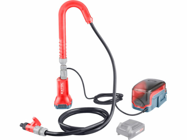 Una bomba de bidón sin cable SHARE20V en rojo/negro con tubo flexible, caja de control y cable de alimentación. Batería y cargador no incluidos.