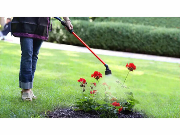 Una persona riega flores rojas con la bomba de bidón sin cable SHARE20V, sin batería ni cargador.