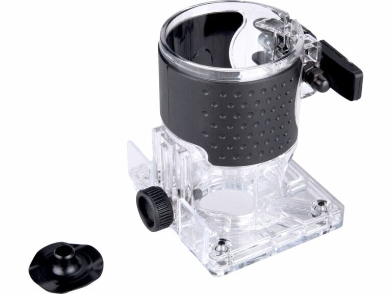 Support en plastique réglable avec un design cylindrique transparent et noir, doté d'un composant latéral noir amovible.