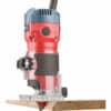 A 510W red and blue milling machine works on wood, featuring a clear base and black grip.