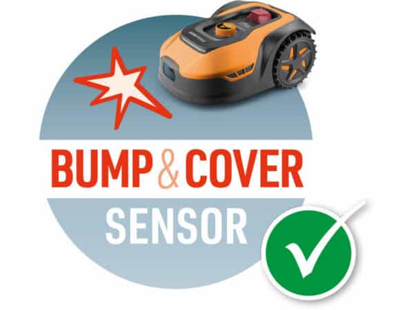 Tosaerba robotizzato arancione e nero per 600 m², con testo "Bump & Cover Sensor" e segno di spunta verde.