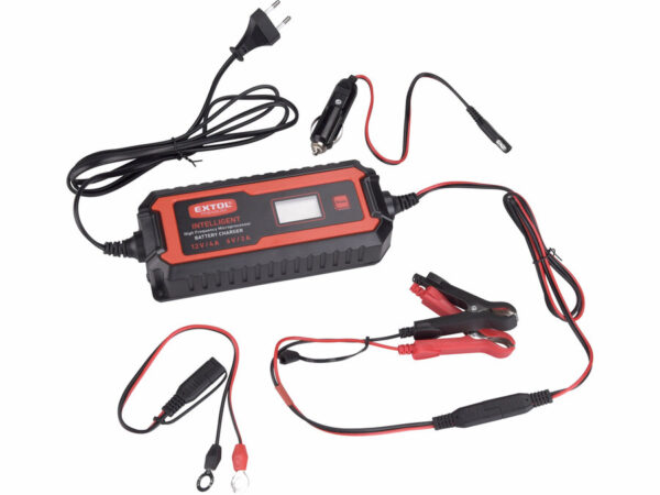 A 9-stage microprocessor car charger with digital display, power cord, and alligator clips for 12V/6V, 4A charging.