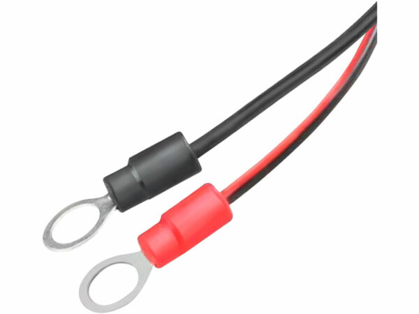 Close-up of ring terminals on red/black wires for 9-stage car charger, microprocessor-controlled, operates at 12V/6V with 4A output.