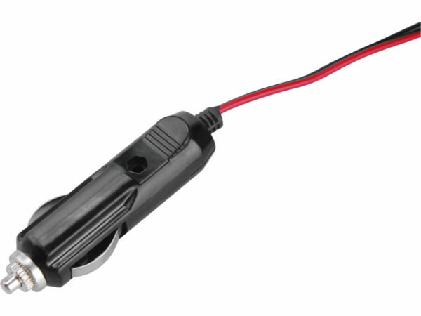 A black car lighter plug with red/black wires featuring a 9-stage, microprocessor-controlled 12V/6V, 4A design.