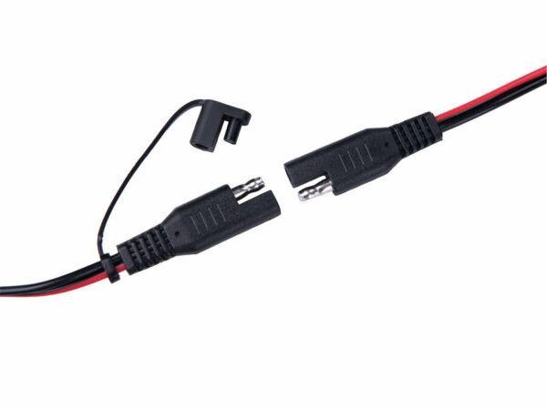 Close-up of a black and red two-pin electrical connector with detached ends on white, from the Car Charger 9-stage, 12V/6V, 4A.