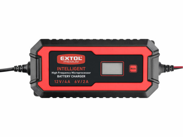 A black/red Extol Premium 9-stage intelligent battery charger, microprocessor-controlled for 12V/6V, with digital display and mode button.