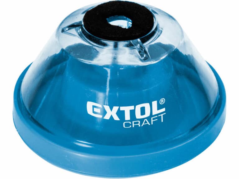 A blue Extol Craft drill dust collector for 10 mm max diameter, with a clear top and central opening.