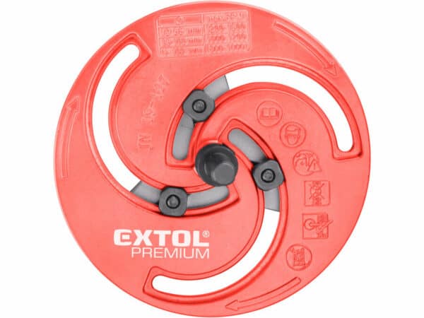 Rode Extol Premium boormachine met verstelbare diameter van 19-127 mm, met cirkelvormig ontwerp en instructiepictogrammen.