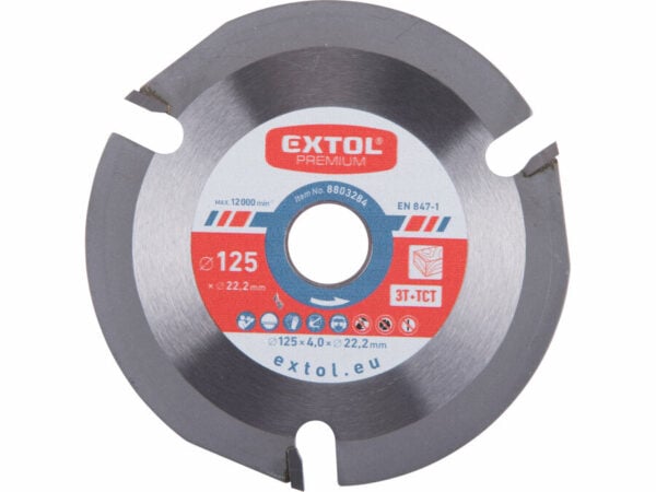 Le disque à tronçonner « EXTOL Premium » possède 3 lames SK rouges et bleues, un diamètre de 125 mm et un arbre de 22,2 mm.