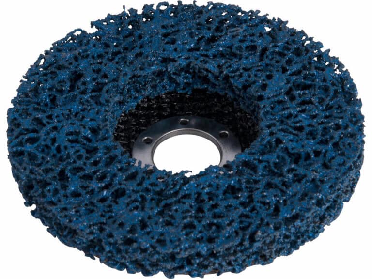 A blue nylon grinding wheel, textured surface, central hole, size O115x14mm, made from nylon with SiC abrasive.