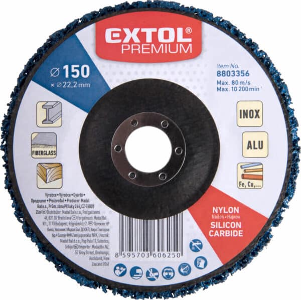 Close-up do disco de lixamento Extol Premium SiC Nylon, 150 mm de diâmetro, para fibra de vidro, inox, alumínio e metais. Máx.: 80 m/s e 10.200 RPM.