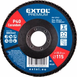 Extol Premium" P40 disk: 115 mm çap, 22,2 mm delik, maksimum hız 80 m/s, 13.200 RPM. Seri: 2023/07.