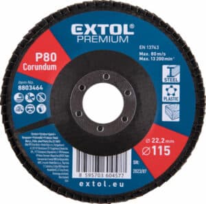 Çelik/plastik için 115 mm'lik bir P80 korindon diskin yakın çekimi. Maksimum hız: 80 m/s, 13.200 dak⁻¹. Ürün #8803464.