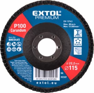 Extol Premium" P100 lamellen schuine korund schijf, 115 mm, artikel #8803465.