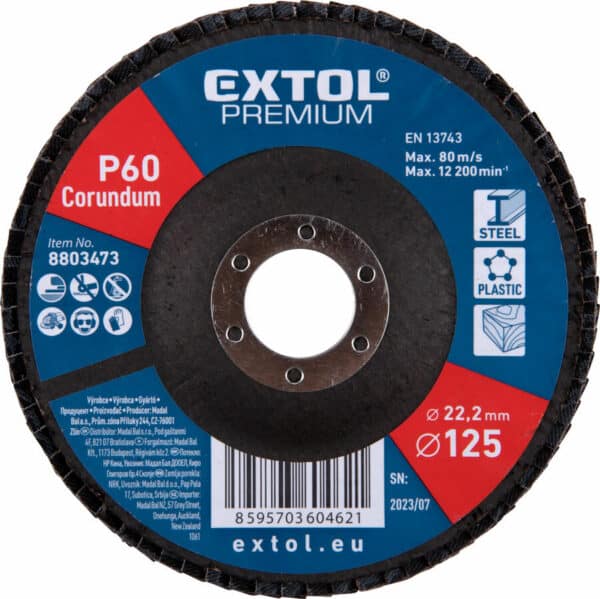 Disque corindon P60 « Extol Premium », 125 mm avec trou de 22,2 mm, max 80 m/s, 12 200 tr/min. Pour utilisation sur acier/plastique.