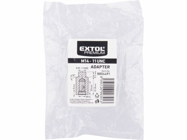 Plastic zak met metalen adapterlabel "Extol Premium Adapter voor haakse slijper, M14 × 5/8"-11UNC, 40mm".