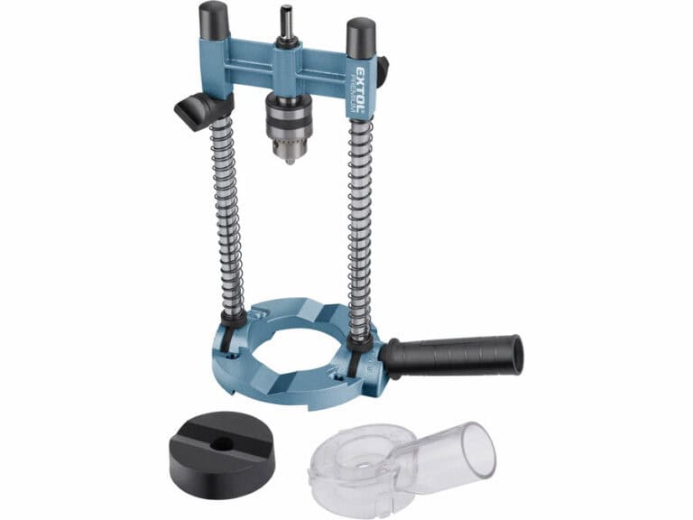 Blue multi-purpose drill stand with chuck, springs, handle, and attachments.