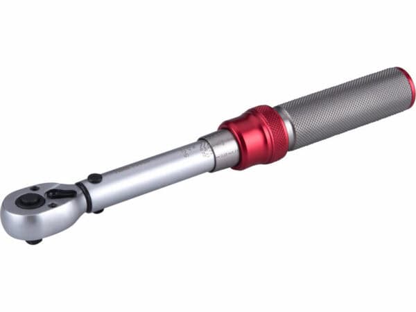 Chave de torque CrV de 1/4", capacidade de 5-25 Nm, cabo texturizado com detalhes em vermelho.