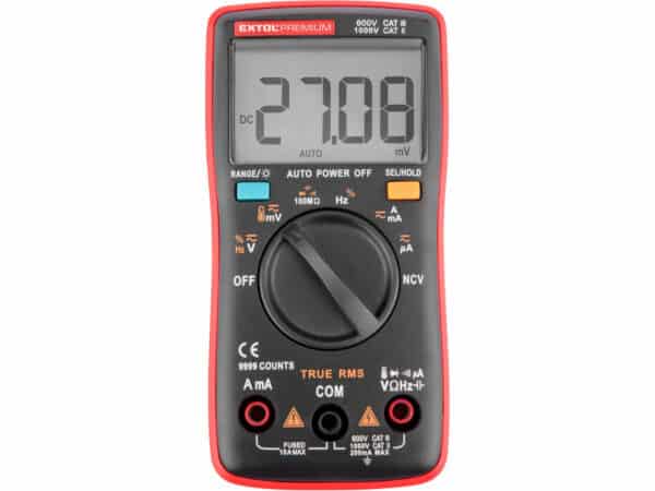 Auto-ranging digital multimeter displaying 27.08.