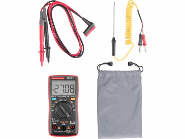 Digital multimeter set with auto range has red/black probes, a yellow coiled temperature probe, and a gray pouch.