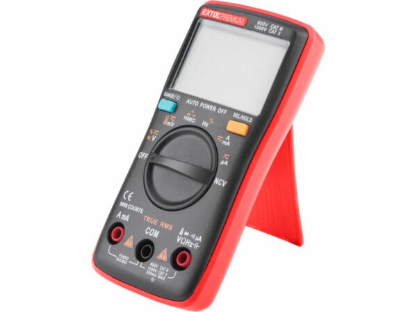 A digital multimeter with auto range, red/black casing, measurement dial, and rear stand for angled viewing.