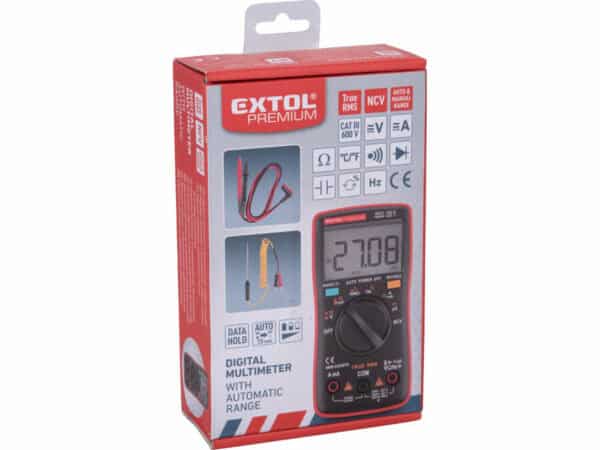 Packaging of the Extol Premium digital multimeter with auto-range, featuring an image of the device and its cables.