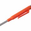 A pencil-marker with an orange body, gray eraser holder, and metal tip lies diagonally on a white background.