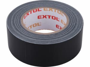 Uma fita têxtil/universal preta de 50 mm x 50 m, com 0,18 mm de espessura, com a marca "EXTOL" vermelha e branca no núcleo.