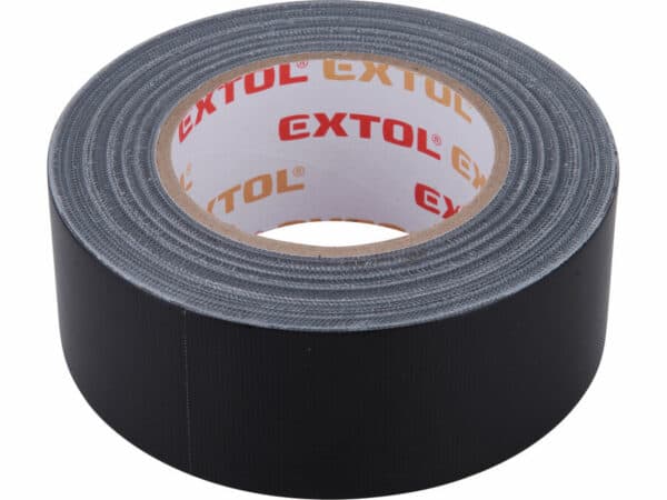 Een zwarte 50mm x 50m textiel/universele tape, 0,18mm dik, met rood-witte "EXTOL" branding op de kern.