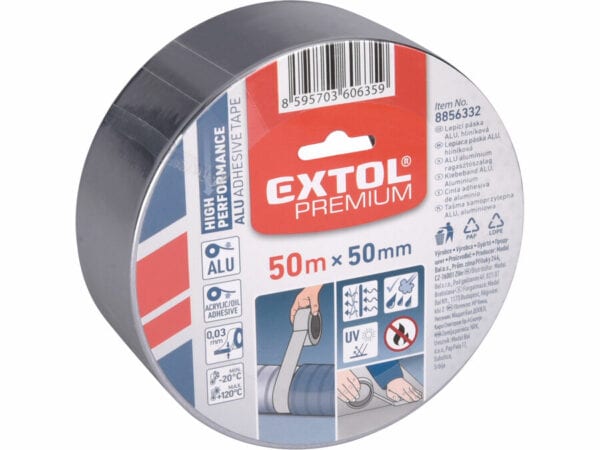 A fita adesiva de alumínio Extol Premium, 50 m x 50 mm, possui adesivo acrílico e instruções de uso detalhadas na embalagem.