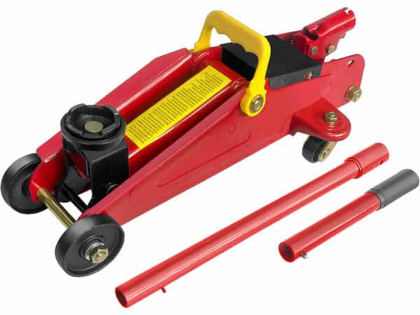 Mobile hydraulic jack: red body, yellow handle, black wheels; 2-ton capacity, lifts 135-335mm with detachable handle.