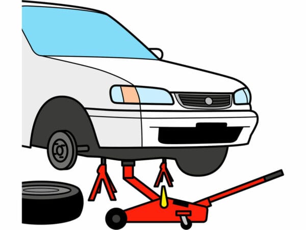 A car lifted on a red 2t hydraulic jack with a wheel off and tire on the ground.