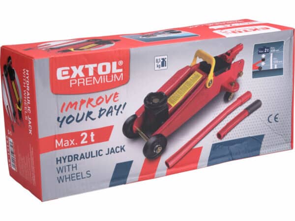 Boxed 2t mobile hydraulic jack with wheels; 135-335mm lift range. Red with black/yellow accents shown on packaging.