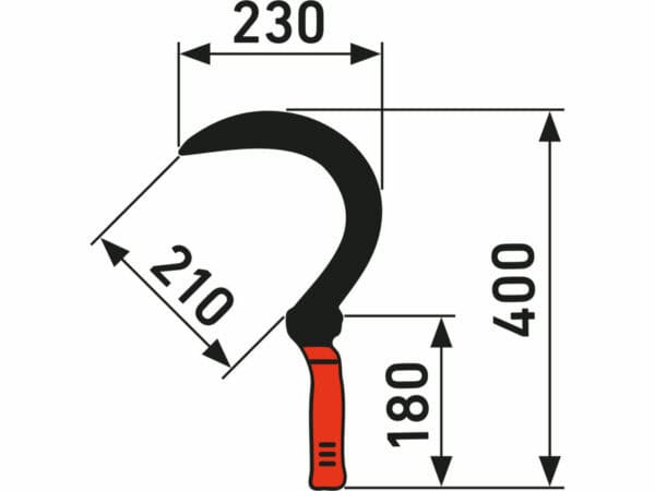 Rechtshändige Grassichel mit rotem Kunststoffgriff. Sie ist 400 mm hoch, 230 mm breit und hat eine 210 mm lange gebogene Klinge.